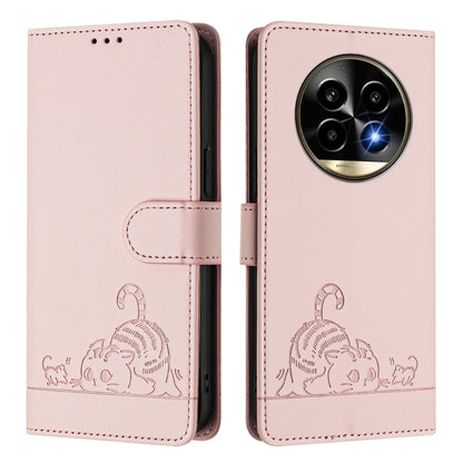 Realme 13 Pro Leather Phone Case with Cat and Rat Embossed Pattern, RFID Protection, Card Holder Slots, Anti-fall Feature & Lanyard