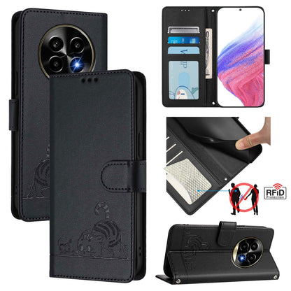 Realme 13 Pro+ 5G Leather Phone Case with Cat and Rat Embossed Pattern, RFID Protection, Card Holder Slots, Anti-fall Feature & Lanyard