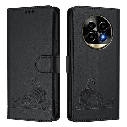 Realme 13 Pro+ 5G Leather Phone Case with Cat and Rat Embossed Pattern, RFID Protection, Card Holder Slots, Anti-fall Feature & Lanyard