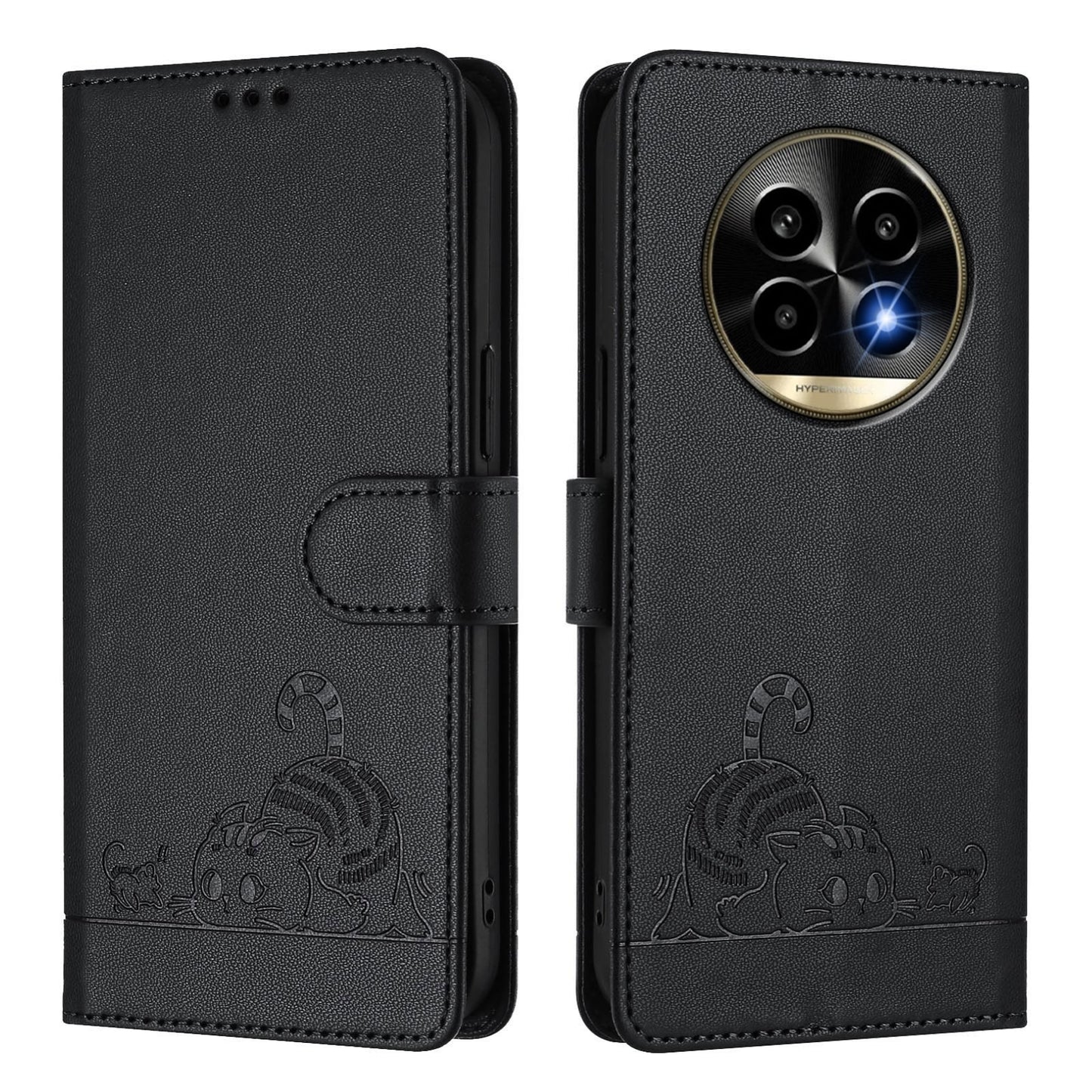 Realme 13 Pro Leather Phone Case with Cat and Rat Embossed Pattern, RFID Protection, Card Holder Slots, Anti-fall Feature & Lanyard