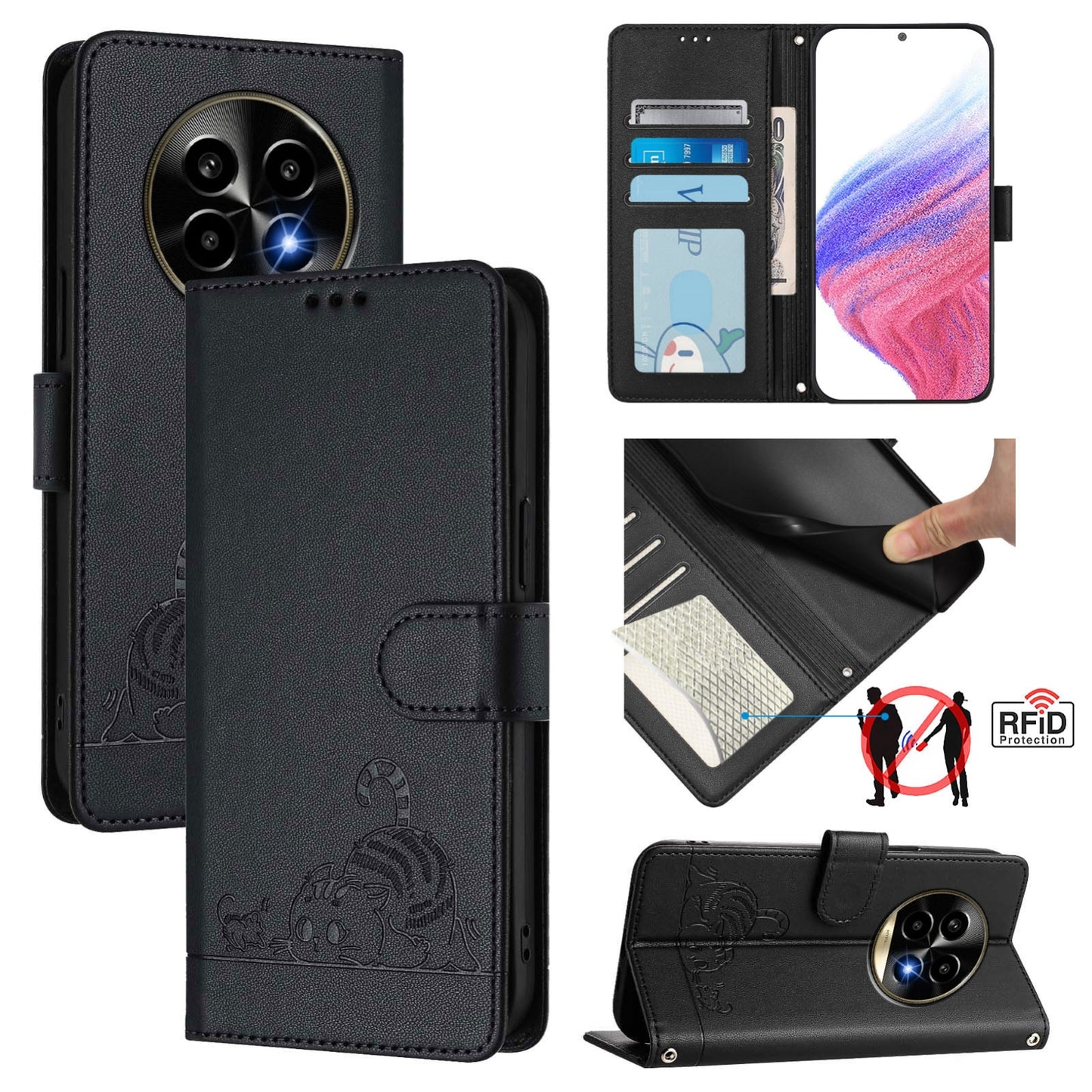 Realme 13 Pro Leather Phone Case with Cat and Rat Embossed Pattern, RFID Protection, Card Holder Slots, Anti-fall Feature & Lanyard