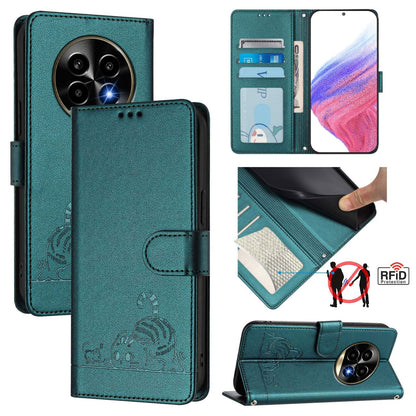 Realme 13 Pro+ 5G Leather Phone Case with Cat and Rat Embossed Pattern, RFID Protection, Card Holder Slots, Anti-fall Feature & Lanyard