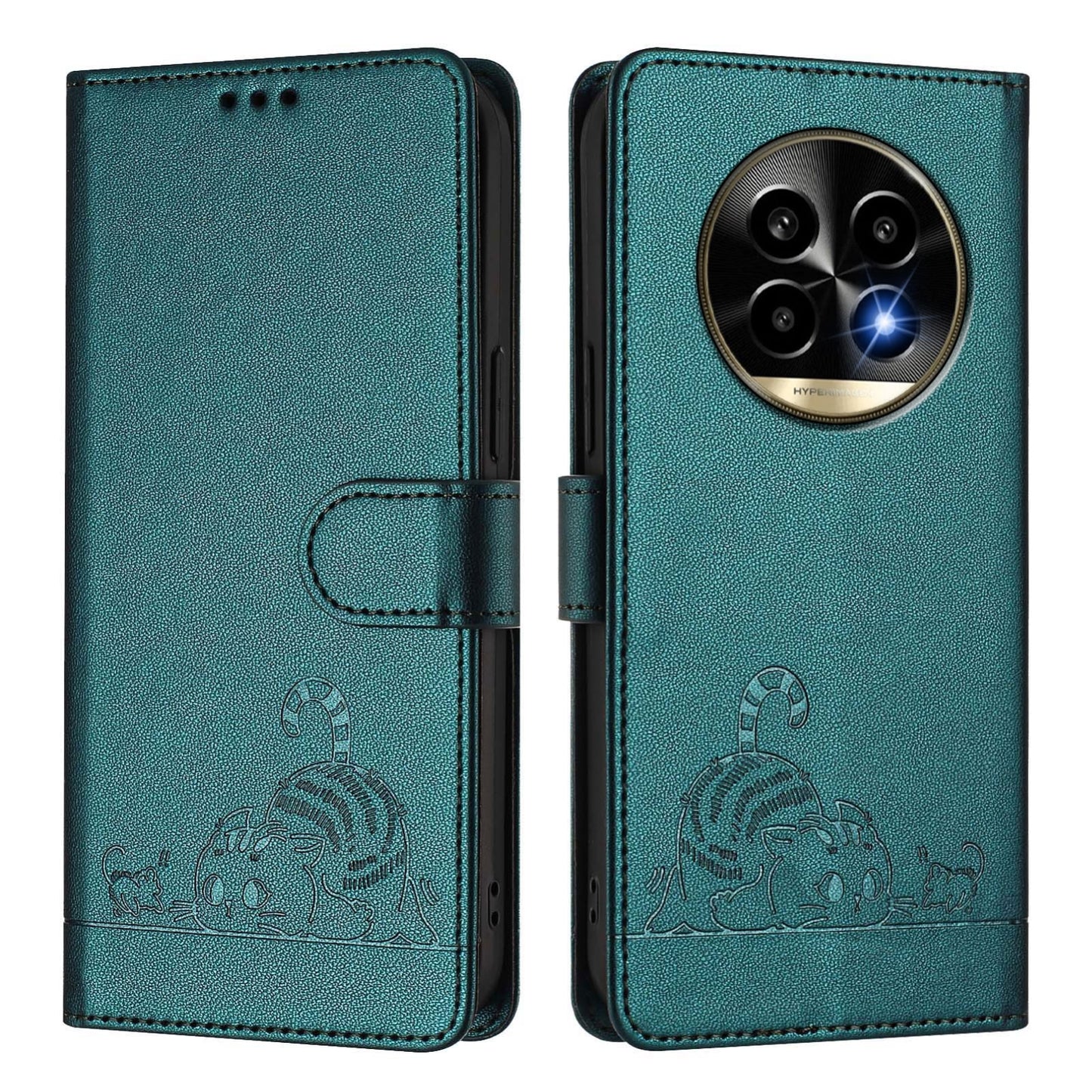 Realme 13 Pro+ 5G Leather Phone Case with Cat and Rat Embossed Pattern, RFID Protection, Card Holder Slots, Anti-fall Feature & Lanyard