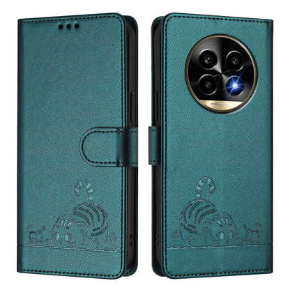 Realme 13 Pro+ 5G Leather Phone Case with Cat and Rat Embossed Pattern, RFID Protection, Card Holder Slots, Anti-fall Feature & Lanyard