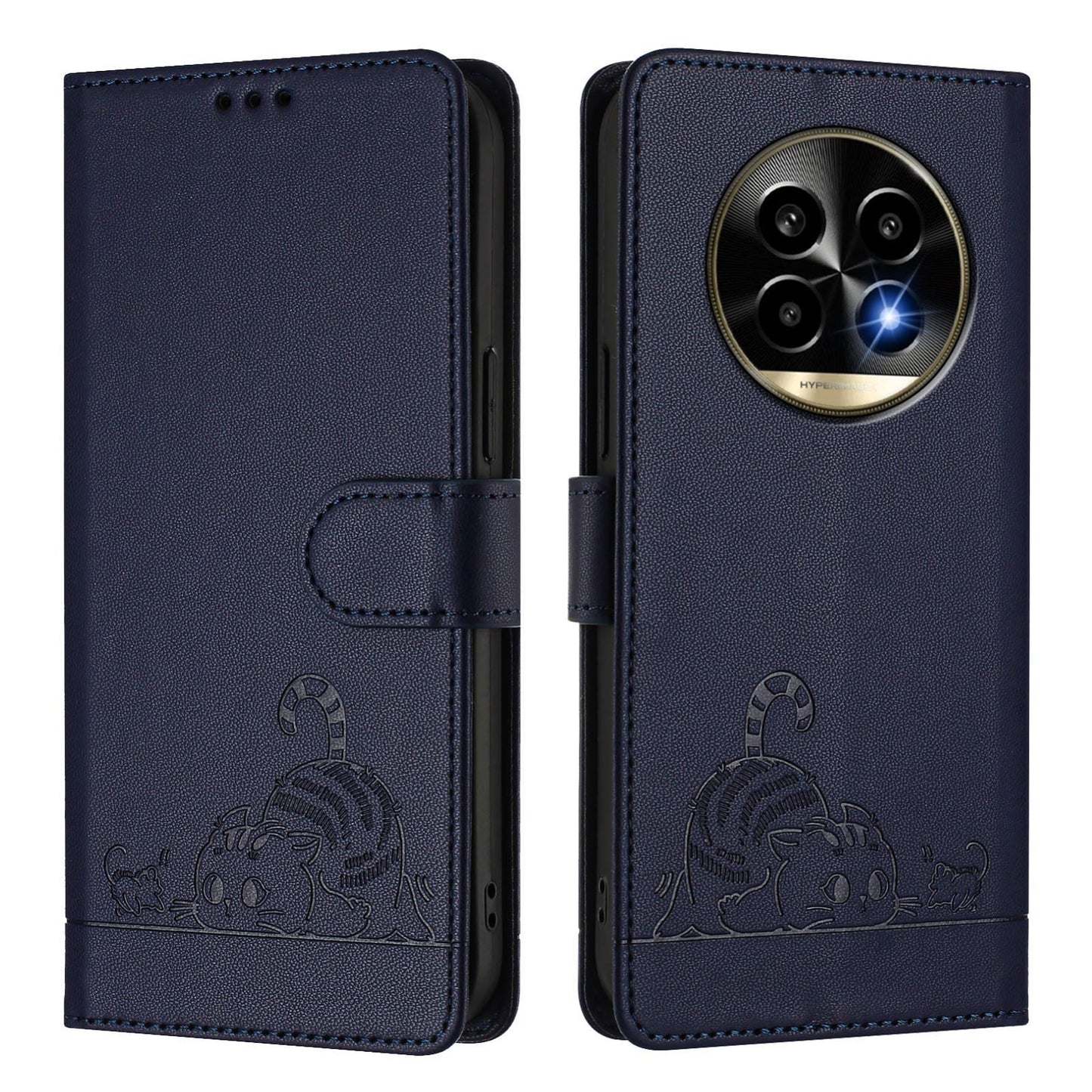 Realme 13 Pro+ 5G Leather Phone Case with Cat and Rat Embossed Pattern, RFID Protection, Card Holder Slots, Anti-fall Feature & Lanyard