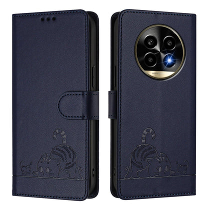 Realme 13 Pro Leather Phone Case with Cat and Rat Embossed Pattern, RFID Protection, Card Holder Slots, Anti-fall Feature & Lanyard