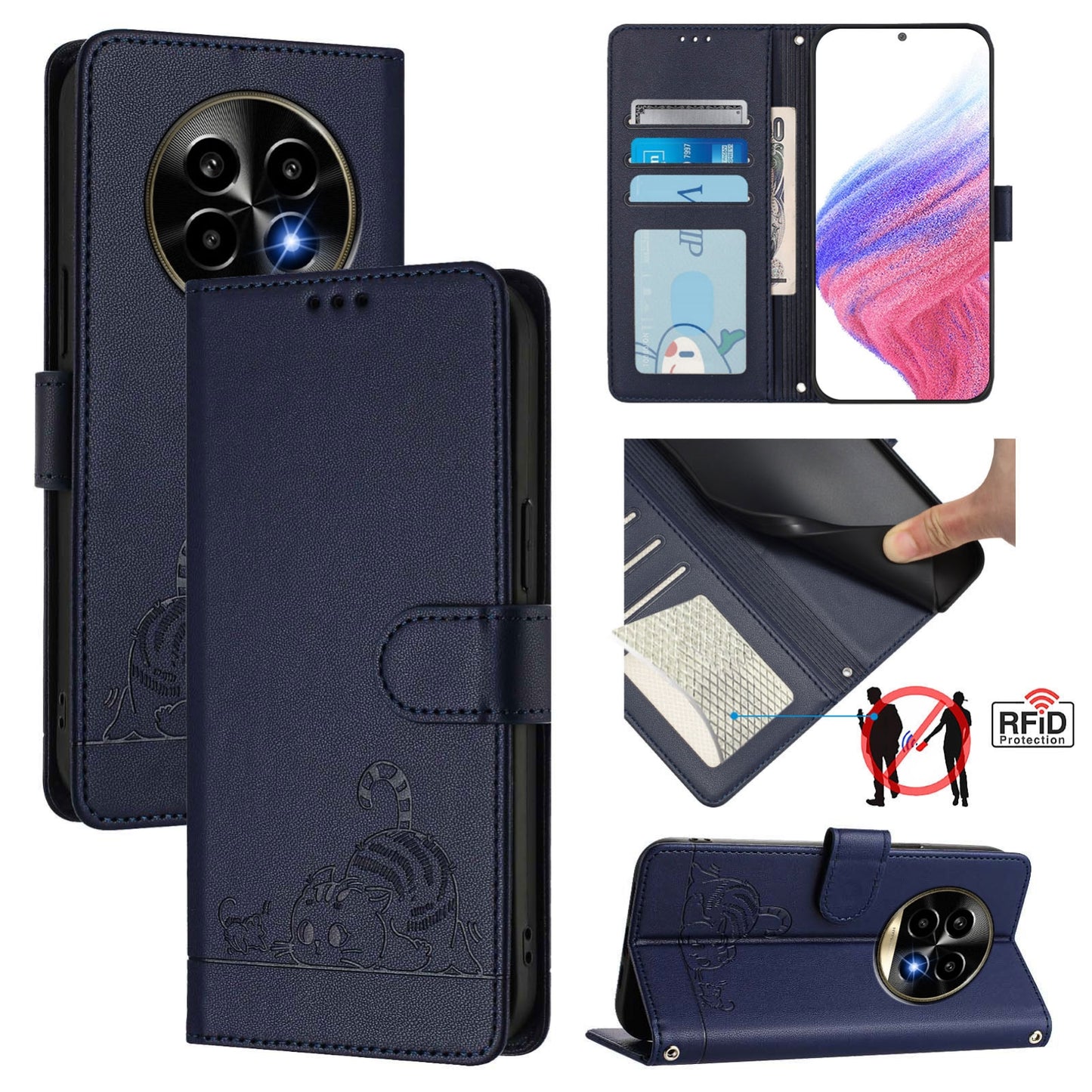 Realme 13 Pro Leather Phone Case with Cat and Rat Embossed Pattern, RFID Protection, Card Holder Slots, Anti-fall Feature & Lanyard