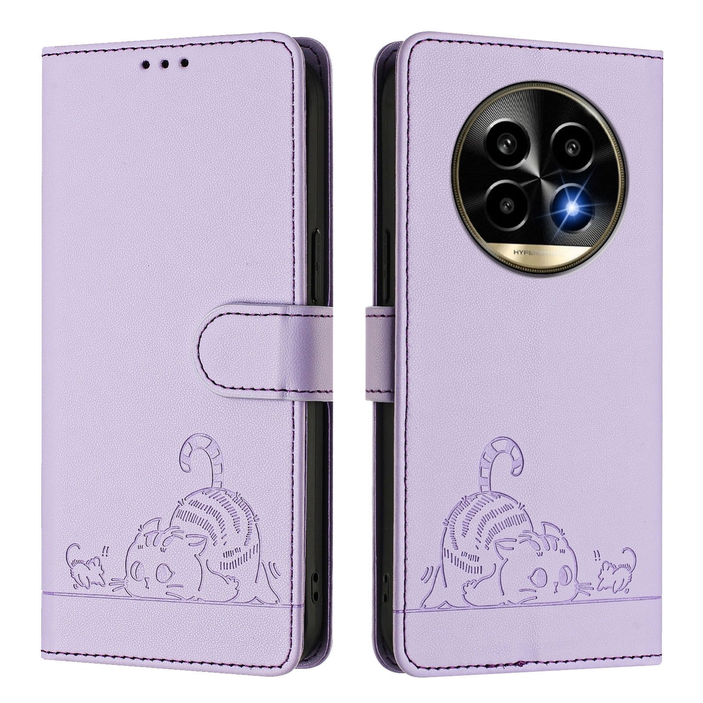 Realme 13 Pro+ 5G Leather Phone Case with Cat and Rat Embossed Pattern, RFID Protection, Card Holder Slots, Anti-fall Feature & Lanyard