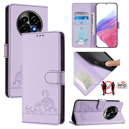 Realme 13 Pro Leather Phone Case with Cat and Rat Embossed Pattern, RFID Protection, Card Holder Slots, Anti-fall Feature & Lanyard