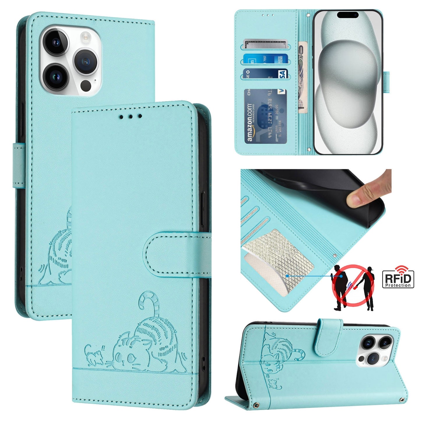iPhone 15 Pro Max Leather Phone Case with Cat and Rat Embossed Pattern, RFID Protection, Card Holder Slots, Anti-fall Feature & Lanyard