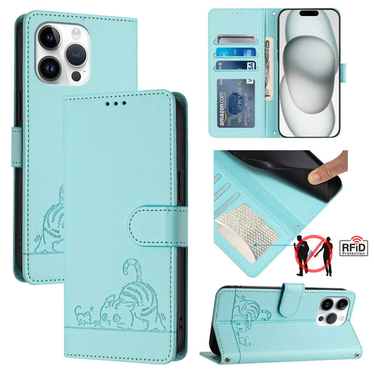 iPhone 15 Pro Max Leather Phone Case with Cat and Rat Embossed Pattern, RFID Protection, Card Holder Slots, Anti-fall Feature & Lanyard