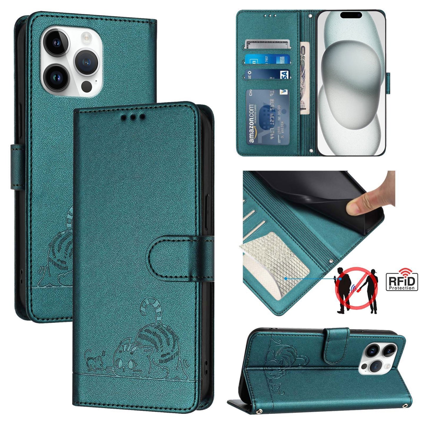 iPhone 15 Pro Max Leather Phone Case with Cat and Rat Embossed Pattern, RFID Protection, Card Holder Slots, Anti-fall Feature & Lanyard