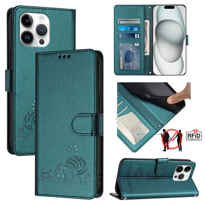 iPhone 15 Pro Max Leather Phone Case with Cat and Rat Embossed Pattern, RFID Protection, Card Holder Slots, Anti-fall Feature & Lanyard