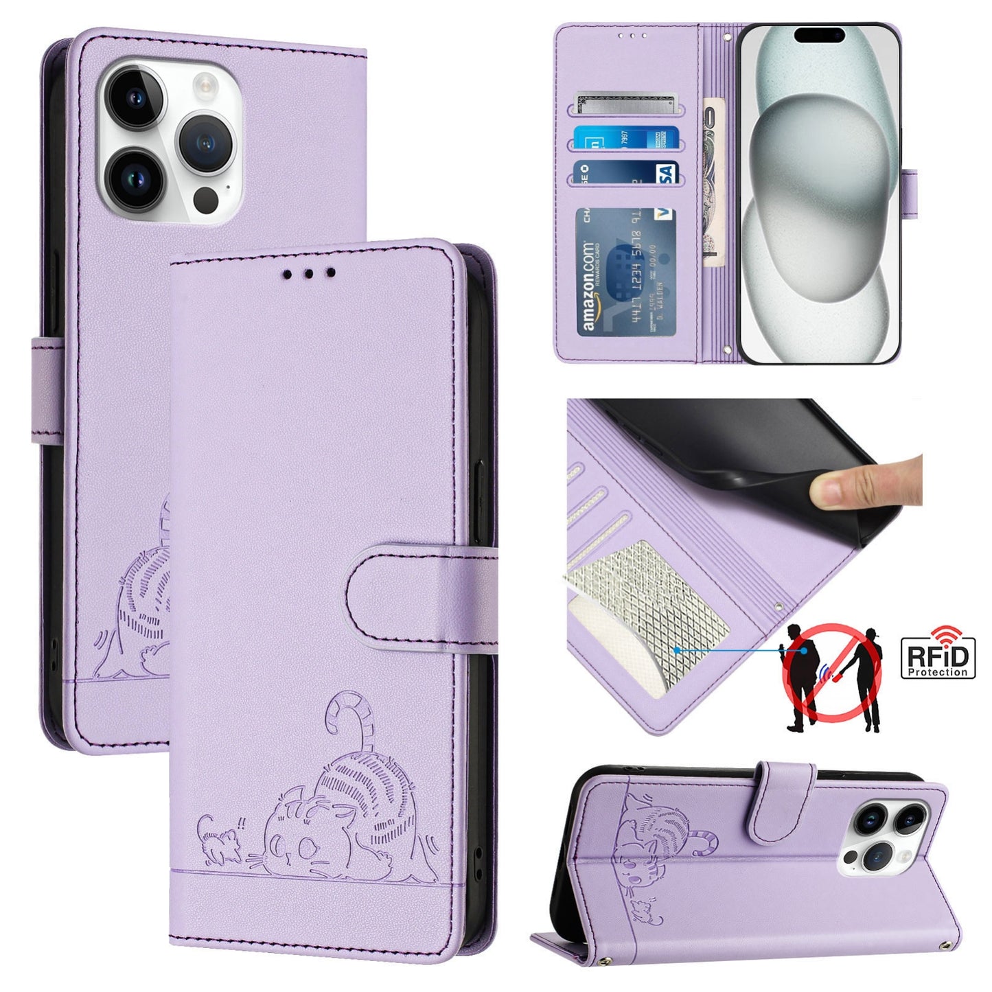iPhone 15 Pro Max Leather Phone Case with Cat and Rat Embossed Pattern, RFID Protection, Card Holder Slots, Anti-fall Feature & Lanyard