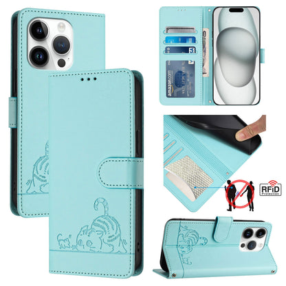 iPhone 15 Pro Leather Phone Case with Cat and Rat Embossed Pattern, RFID Protection, Card Holder Slots, Anti-fall Feature & Lanyard