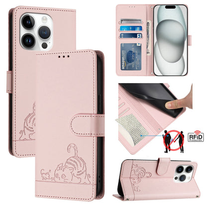 iPhone 15 Pro Leather Phone Case with Cat and Rat Embossed Pattern, RFID Protection, Card Holder Slots, Anti-fall Feature & Lanyard