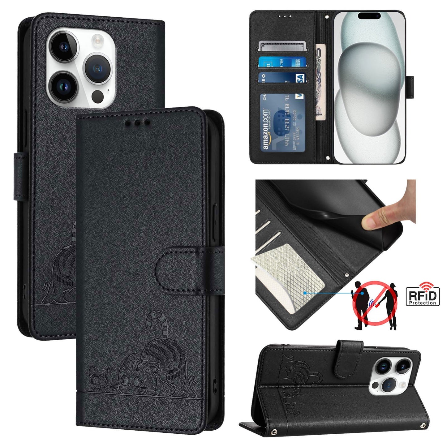 iPhone 15 Pro Leather Phone Case with Cat and Rat Embossed Pattern, RFID Protection, Card Holder Slots, Anti-fall Feature & Lanyard