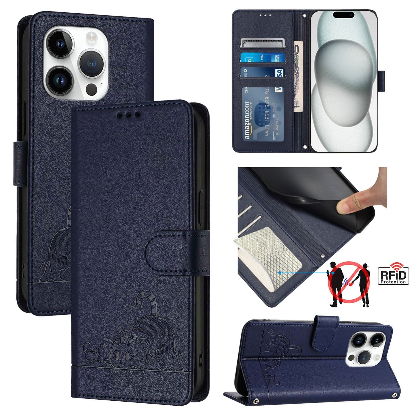 iPhone 15 Pro Leather Phone Case with Cat and Rat Embossed Pattern, RFID Protection, Card Holder Slots, Anti-fall Feature & Lanyard