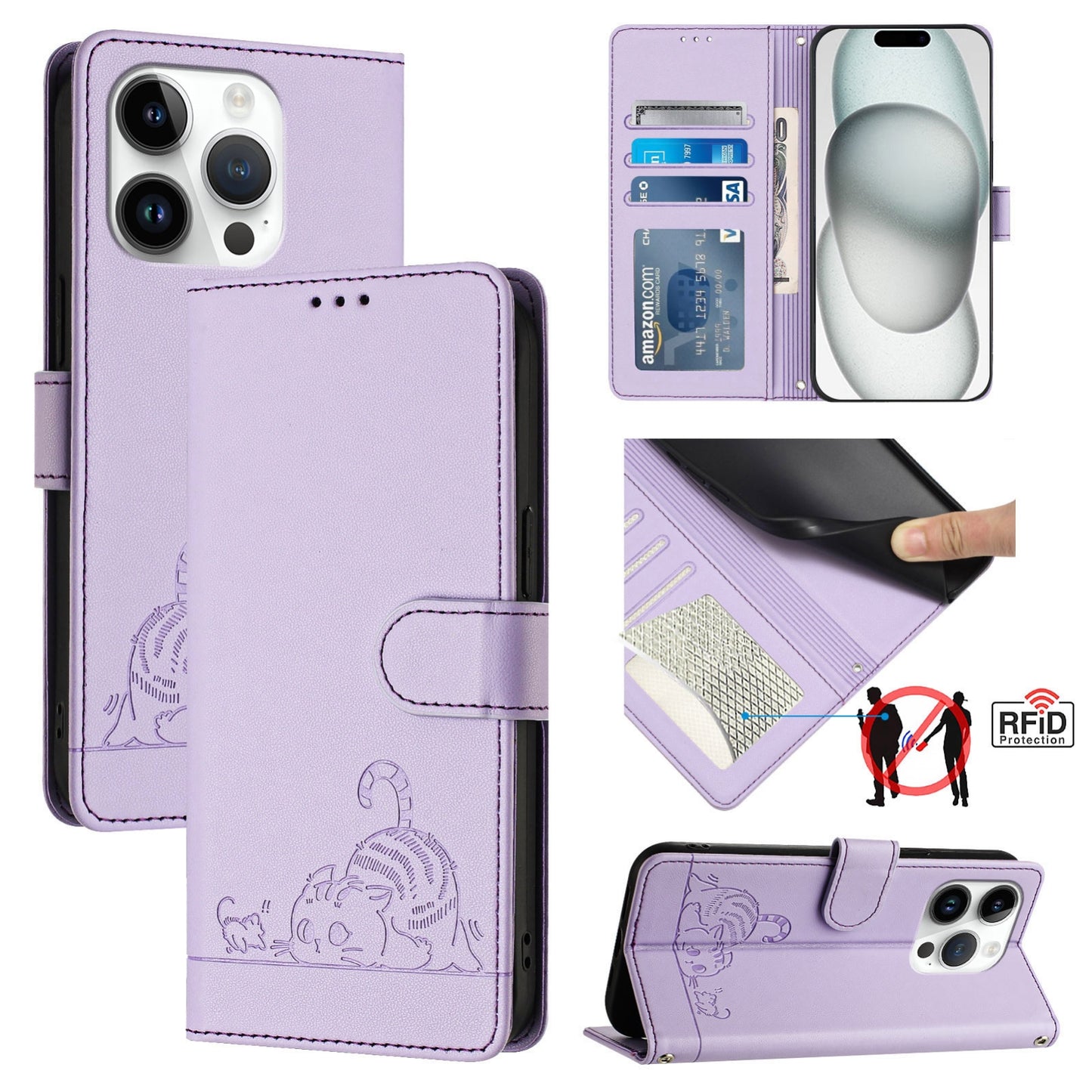 iPhone 15 Pro Leather Phone Case with Cat and Rat Embossed Pattern, RFID Protection, Card Holder Slots, Anti-fall Feature & Lanyard