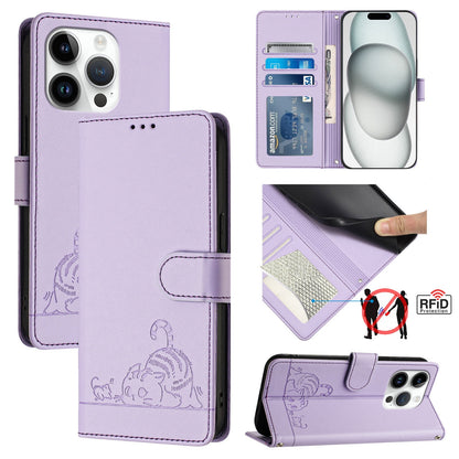iPhone 15 Pro Leather Phone Case with Cat and Rat Embossed Pattern, RFID Protection, Card Holder Slots, Anti-fall Feature & Lanyard