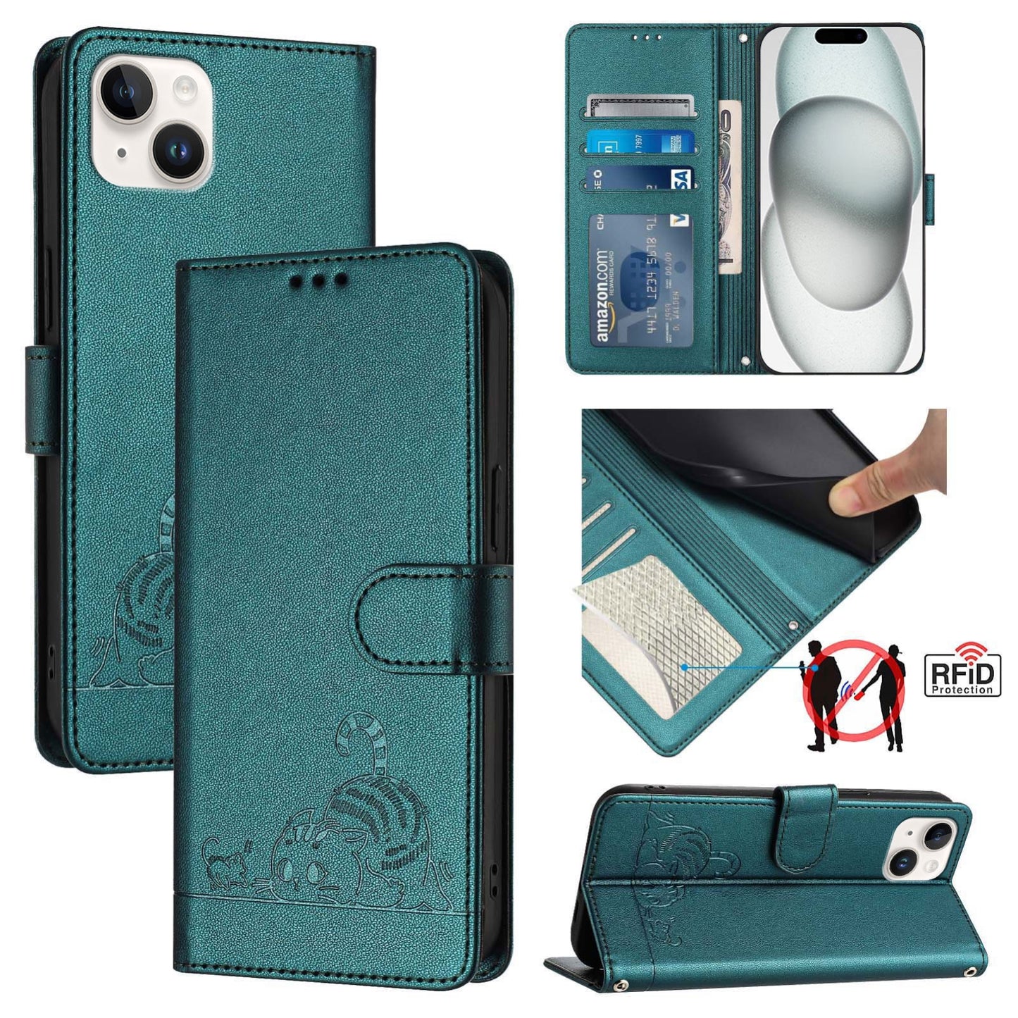 iPhone 15 Plus Leather Phone Case with Cat and Rat Embossed Pattern, RFID Protection, Card Holder Slots, Anti-fall Feature & Lanyard