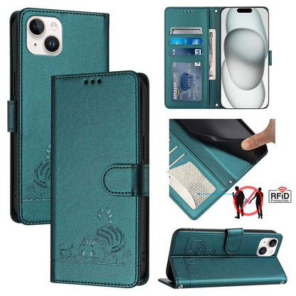 iPhone 15 Plus Leather Phone Case with Cat and Rat Embossed Pattern, RFID Protection, Card Holder Slots, Anti-fall Feature & Lanyard
