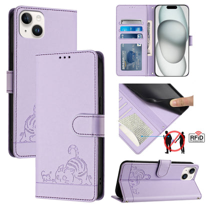iPhone 15 Plus Leather Phone Case with Cat and Rat Embossed Pattern, RFID Protection, Card Holder Slots, Anti-fall Feature & Lanyard