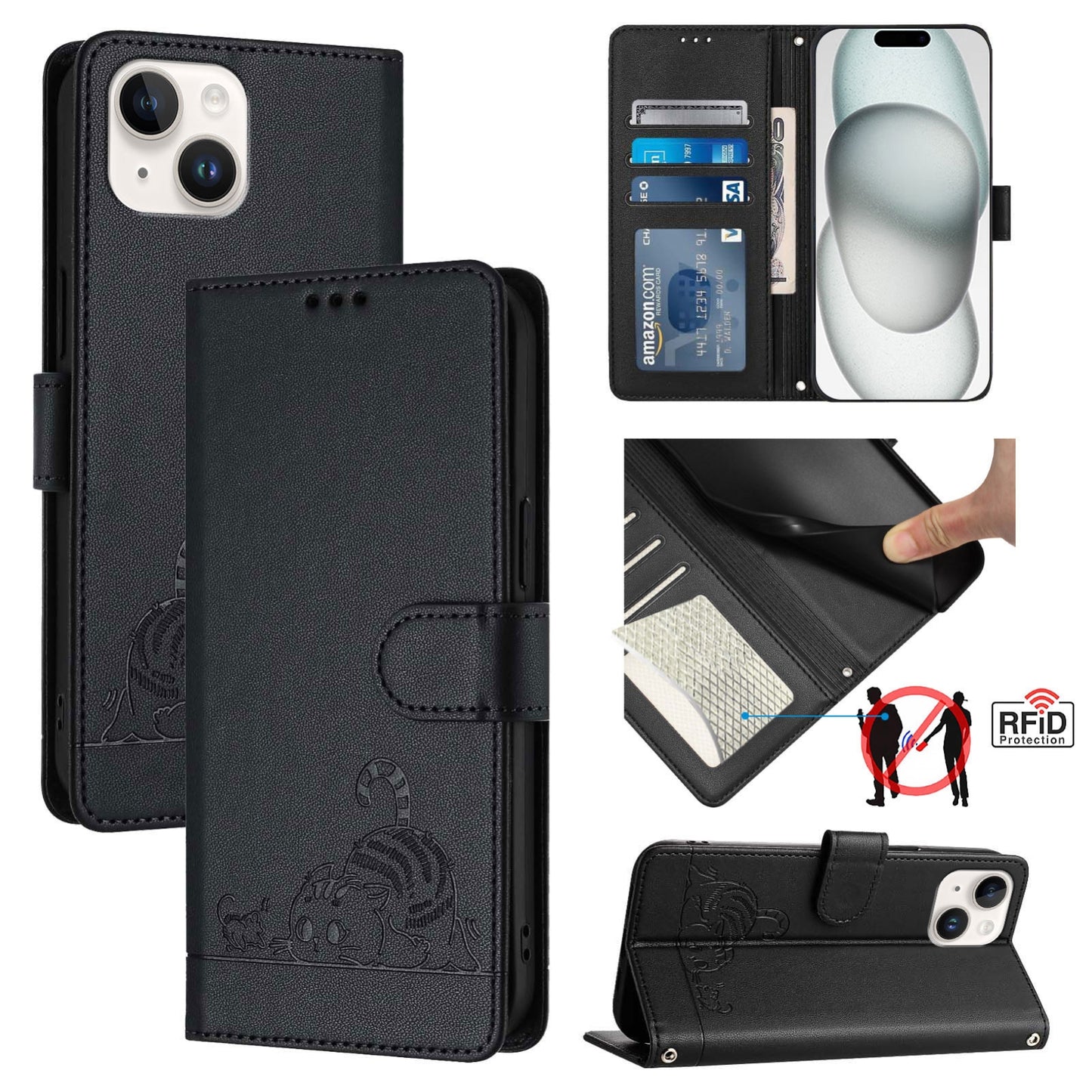 iPhone 15 Leather Phone Case with Cat and Rat Embossed Pattern, RFID Protection, Card Holder Slots, Anti-fall Feature & Lanyard