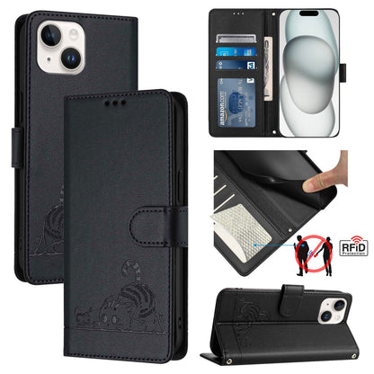 iPhone 15 Leather Phone Case with Cat and Rat Embossed Pattern, RFID Protection, Card Holder Slots, Anti-fall Feature & Lanyard