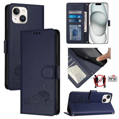 iPhone 15 Leather Phone Case with Cat and Rat Embossed Pattern, RFID Protection, Card Holder Slots, Anti-fall Feature & Lanyard