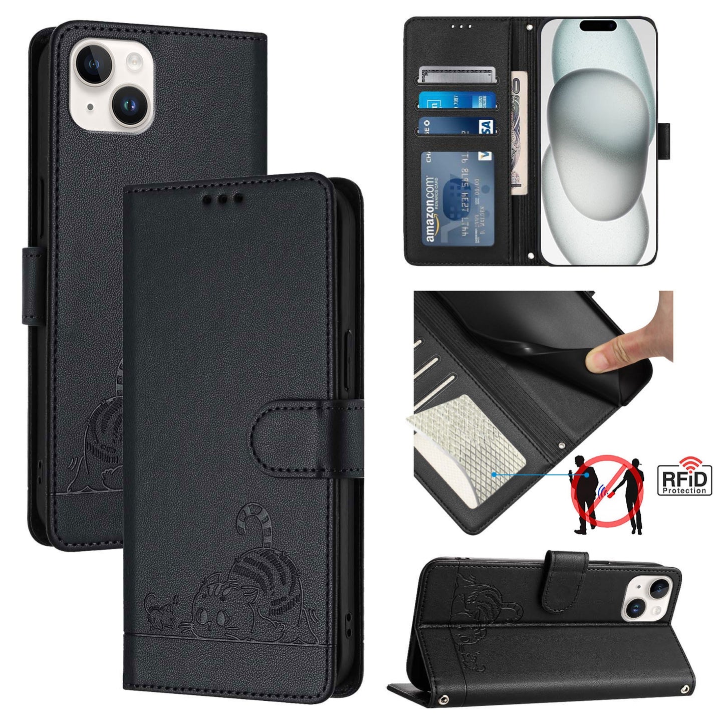 iPhone 14 Plus Leather Phone Case with Cat and Rat Embossed Pattern, RFID Protection, Card Holder Slots, Anti-fall Feature & Lanyard