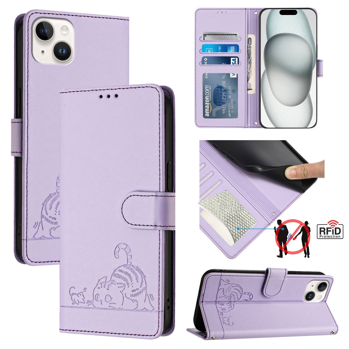iPhone 14 Plus Leather Phone Case with Cat and Rat Embossed Pattern, RFID Protection, Card Holder Slots, Anti-fall Feature & Lanyard
