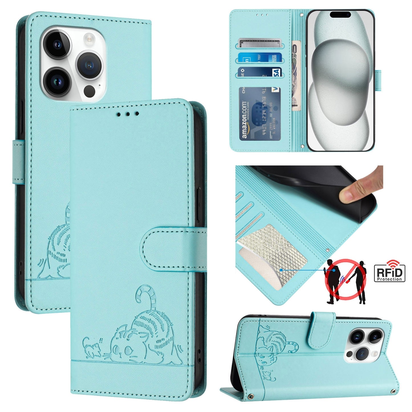 iPhone 14 Pro Leather Phone Case with Cat and Rat Embossed Pattern, RFID Protection, Card Holder Slots, Anti-fall Feature & Lanyard