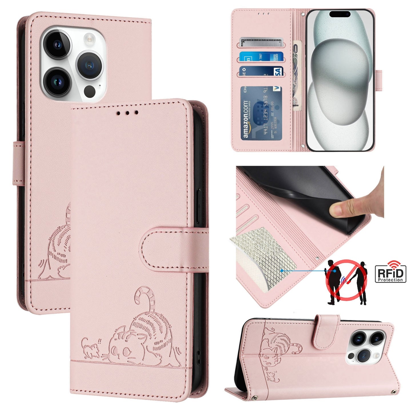 iPhone 14 Pro Leather Phone Case with Cat and Rat Embossed Pattern, RFID Protection, Card Holder Slots, Anti-fall Feature & Lanyard