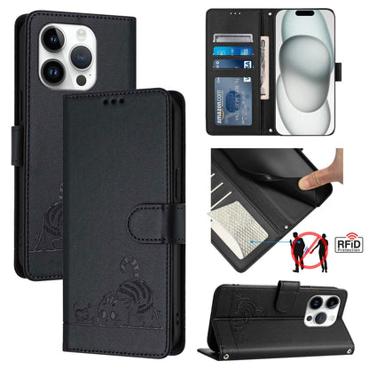 iPhone 14 Pro Leather Phone Case with Cat and Rat Embossed Pattern, RFID Protection, Card Holder Slots, Anti-fall Feature & Lanyard