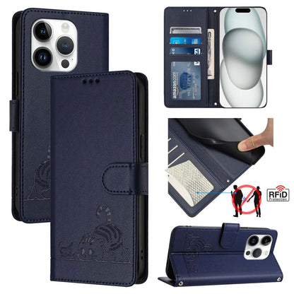 iPhone 14 Pro Leather Phone Case with Cat and Rat Embossed Pattern, RFID Protection, Card Holder Slots, Anti-fall Feature & Lanyard