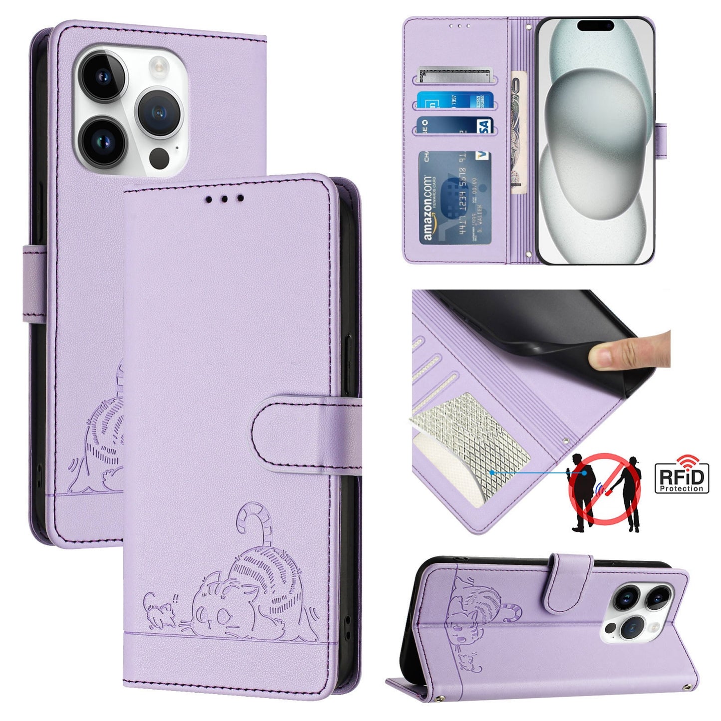 iPhone 14 Pro Leather Phone Case with Cat and Rat Embossed Pattern, RFID Protection, Card Holder Slots, Anti-fall Feature & Lanyard