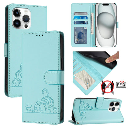 iPhone 14 Pro Max Leather Phone Case with Cat and Rat Embossed Pattern, RFID Protection, Card Holder Slots, Anti-fall Feature & Lanyard