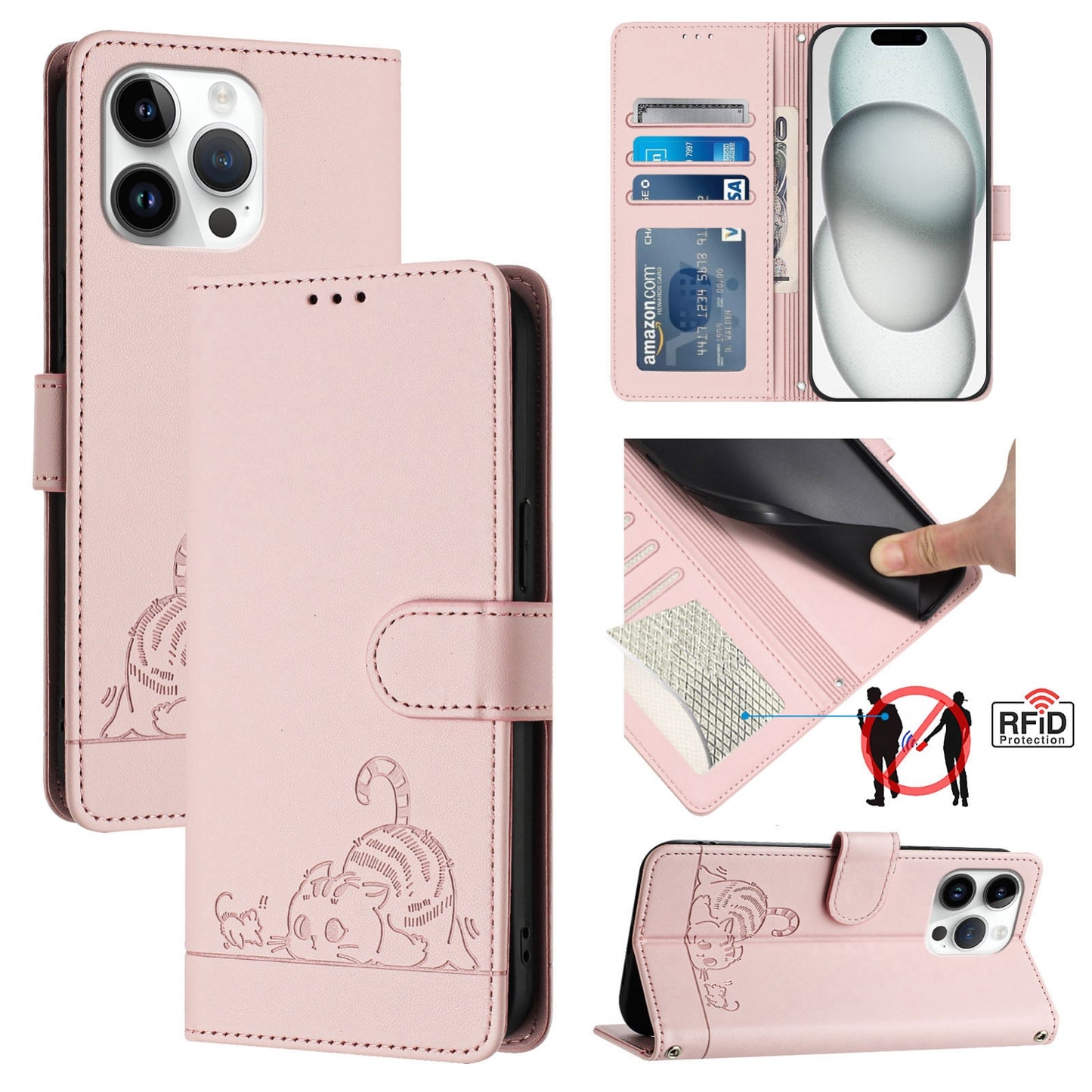 iPhone 14 Pro Max Leather Phone Case with Cat and Rat Embossed Pattern, RFID Protection, Card Holder Slots, Anti-fall Feature & Lanyard