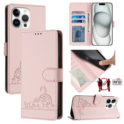 iPhone 14 Pro Max Leather Phone Case with Cat and Rat Embossed Pattern, RFID Protection, Card Holder Slots, Anti-fall Feature & Lanyard