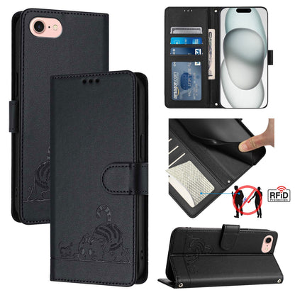 iPhone SE 2022 Leather Phone Case with Cat and Rat Embossed Pattern, RFID Protection, Card Holder Slots, Anti-fall Feature & Lanyard