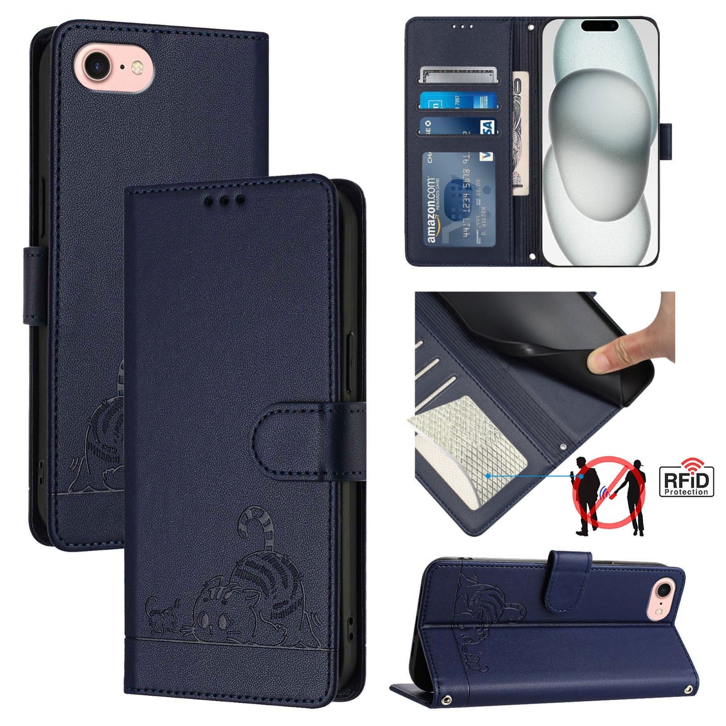iPhone SE 2022 Leather Phone Case with Cat and Rat Embossed Pattern, RFID Protection, Card Holder Slots, Anti-fall Feature & Lanyard