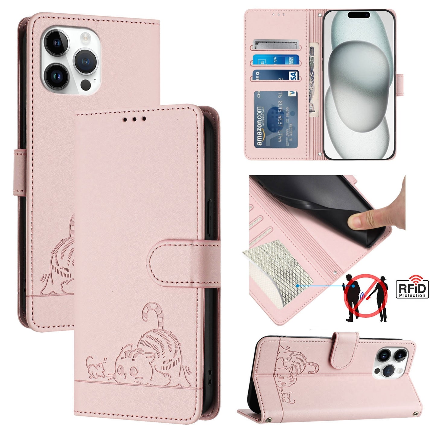 iPhone 13 Pro Max Leather Phone Case with Cat and Rat Embossed Pattern, RFID Protection, Card Holder Slots, Anti-fall Feature & Lanyard