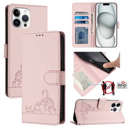 iPhone 13 Pro Max Leather Phone Case with Cat and Rat Embossed Pattern, RFID Protection, Card Holder Slots, Anti-fall Feature & Lanyard