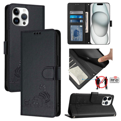 iPhone 13 Pro Max Leather Phone Case with Cat and Rat Embossed Pattern, RFID Protection, Card Holder Slots, Anti-fall Feature & Lanyard