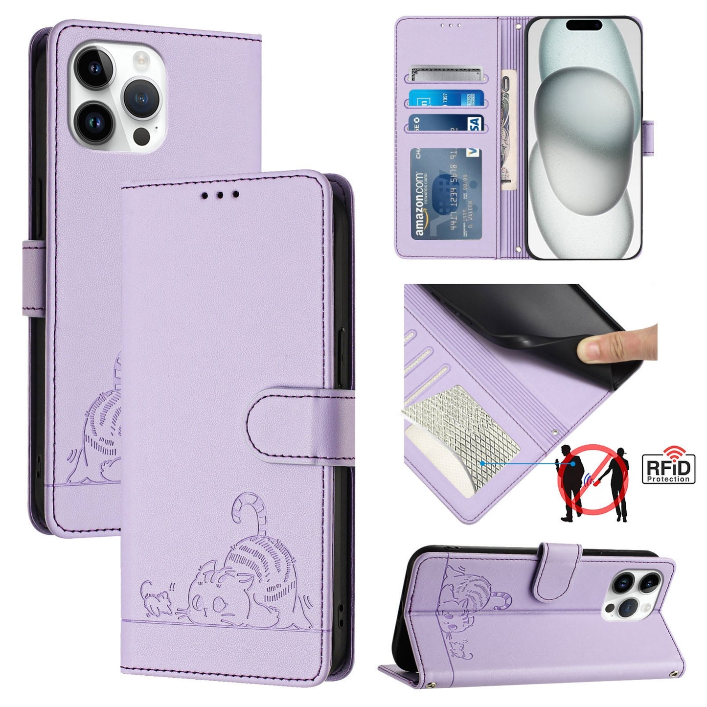 iPhone 13 Pro Max Leather Phone Case with Cat and Rat Embossed Pattern, RFID Protection, Card Holder Slots, Anti-fall Feature & Lanyard