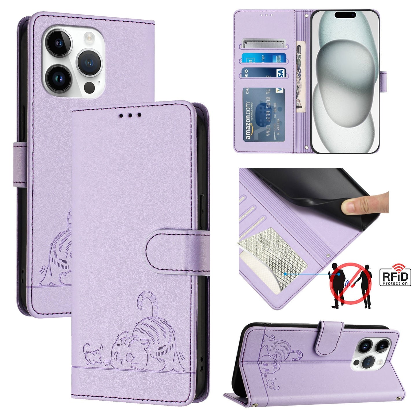 iPhone 13 Pro Leather Phone Case with Cat and Rat Embossed Pattern, RFID Protection, Card Holder Slots, Anti-fall Feature & Lanyard