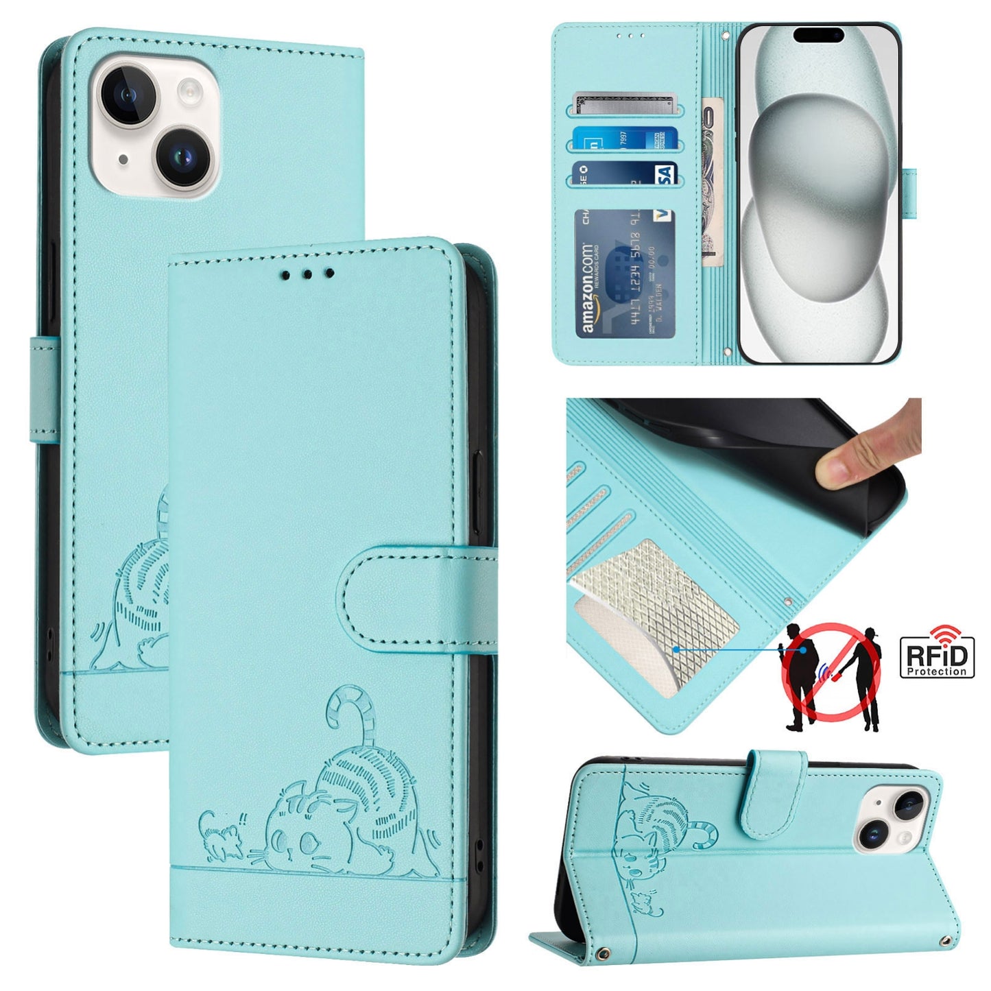 iPhone 13 mini Leather Phone Case with Cat and Rat Embossed Pattern, RFID Protection, Card Holder Slots, Anti-fall Feature & Lanyard
