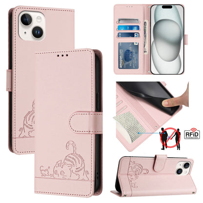 iPhone 13 mini Leather Phone Case with Cat and Rat Embossed Pattern, RFID Protection, Card Holder Slots, Anti-fall Feature & Lanyard