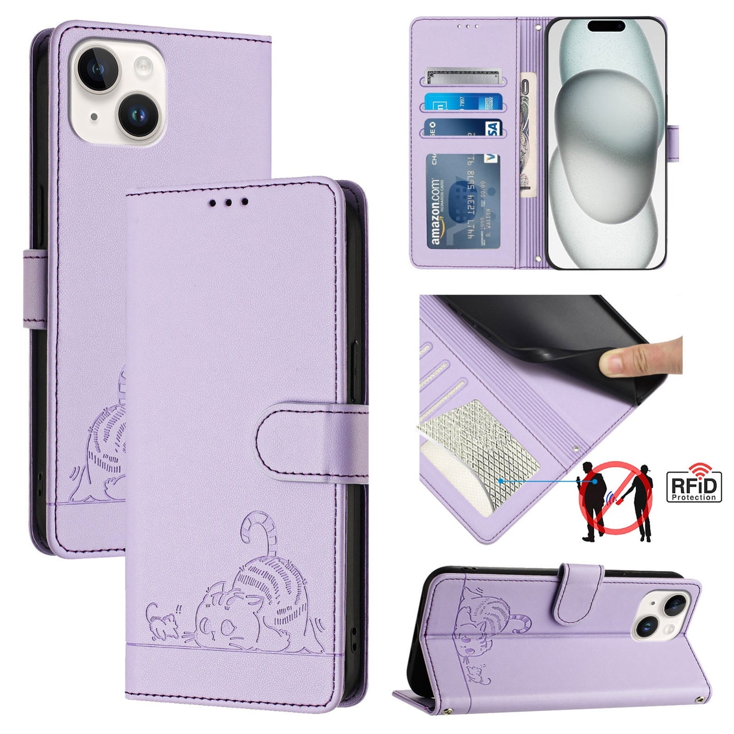 iPhone 13 mini Leather Phone Case with Cat and Rat Embossed Pattern, RFID Protection, Card Holder Slots, Anti-fall Feature & Lanyard